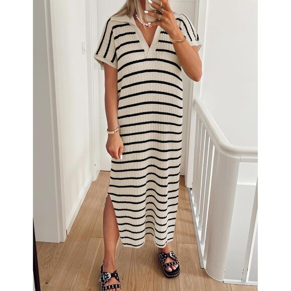 Women's Summer Striped Midi Dress Knit V Neck Short Sleeve Casual - Picture 5 of 5